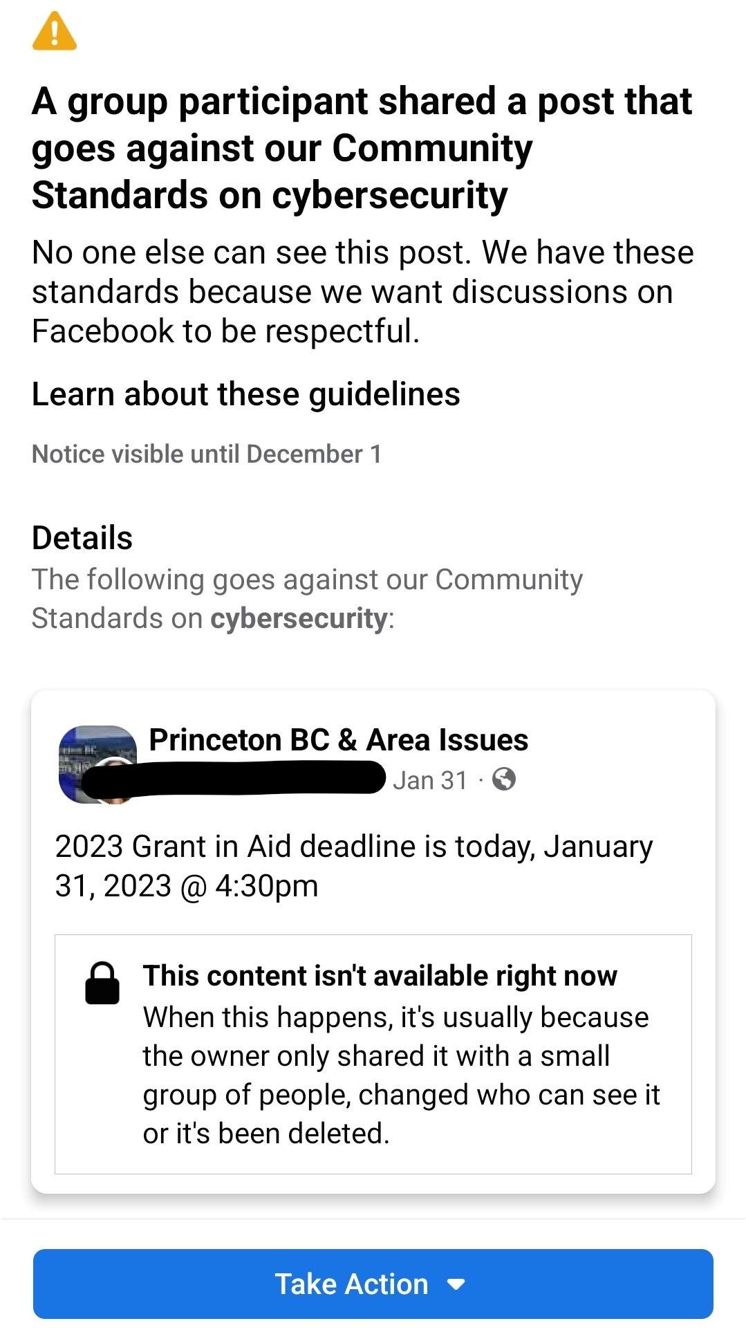 A screenshot from the Princeton-area community group, Princeton BC & Area Issues, shows Meta's removal of a URL to the town's official website.