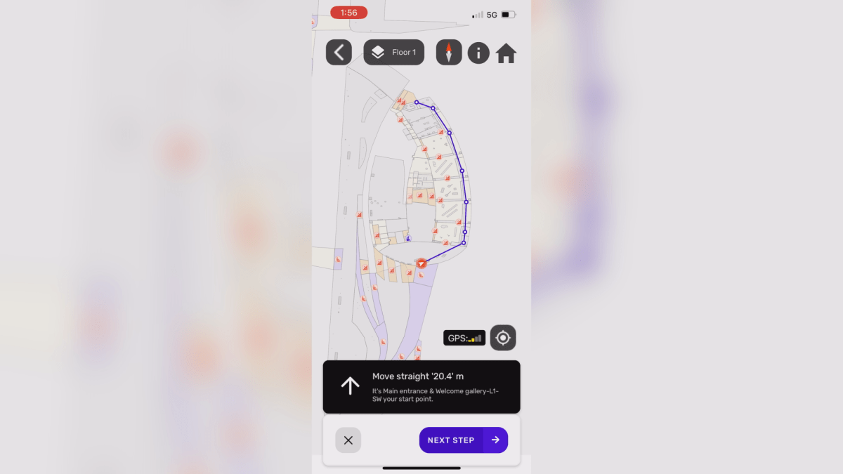The Pedesting app’s interface guiding an accessible route through Calgary’s Central Library.