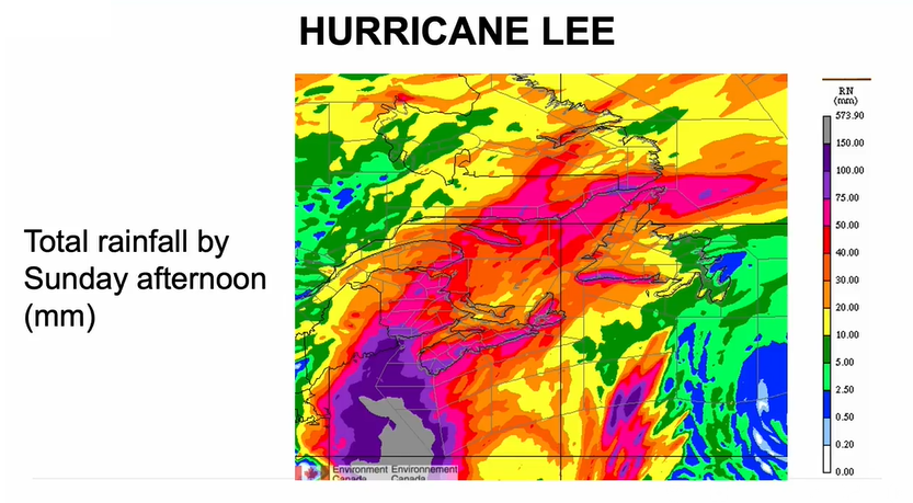 A map of potential total rainfall amounts by Sunday.