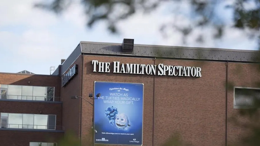 The exterior of the former Hamilton Spectator building in Hamilton, Ont., from Nov. 2017. THE CANADIAN PRESS/Peter Power. 