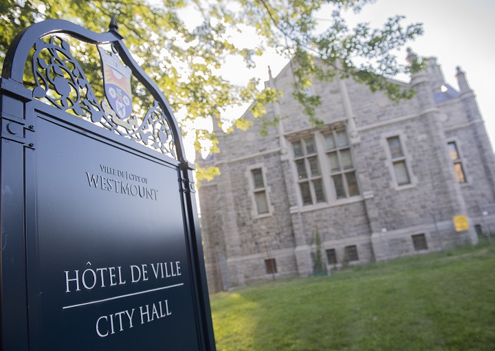 A bilingual sign for City Hall is shown in the city of Westmount on the island of Montreal, Friday, August 5, 2022. Income inequality, known for its corrosive effects on health, happiness and community ties, is worse in Westmount, Que., than in any other place in Canada, according to a ranking assembled by the Local News Data Hub at Toronto Metropolitan University.