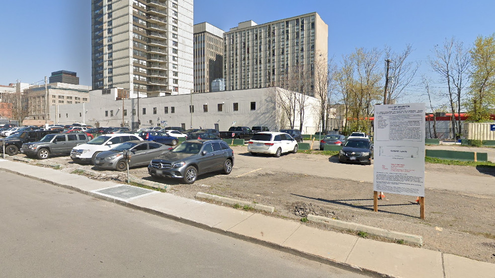 Photo of a parking lot at Jackson Street East at Catharine Street South in Hamilton Ont. earmarked for development. The owner of the site will take its denied building application to the Ontario Land Tribunal for an appeal after council argued the structure would exceed the city's height limit. 