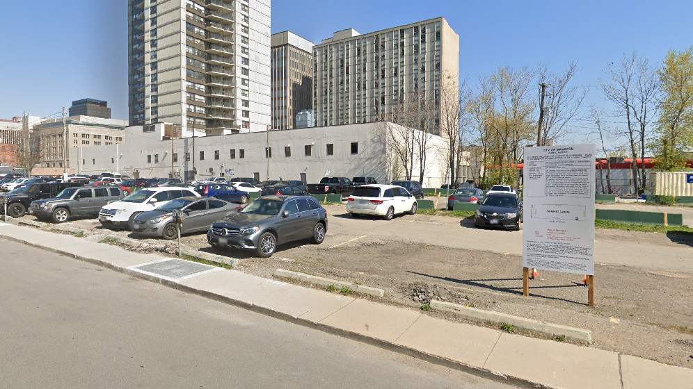 Photo of a parking lot at Jackson Street East at Catharine Street South in Hamilton Ont. earmarked for development. The owner of the site will take its denied building application to the Ontario Land Tribunal for an appeal after council argued the structure would exceed the city's height limit. 