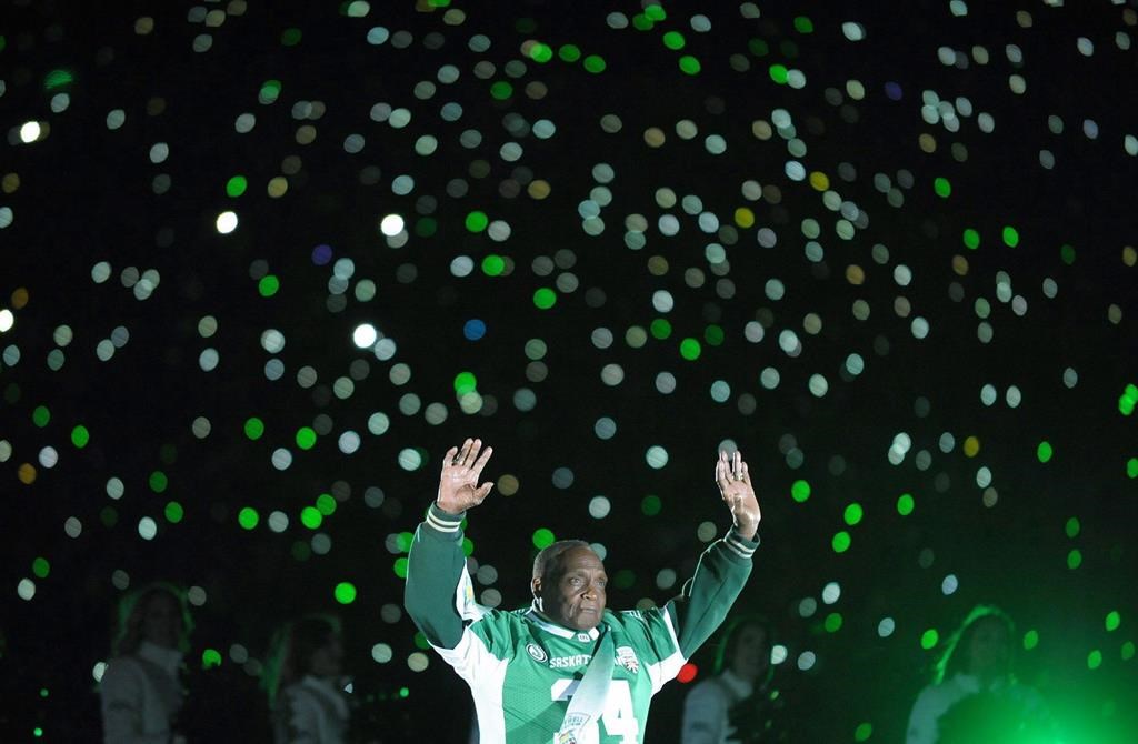 Saskatchewan Roughriders great George Reed addresses the crowd following the last ever game at Mosaic Stadium in Regina on Saturday, Oct. 29, 2016. THE CANADIAN PRESS/Mark Taylor.