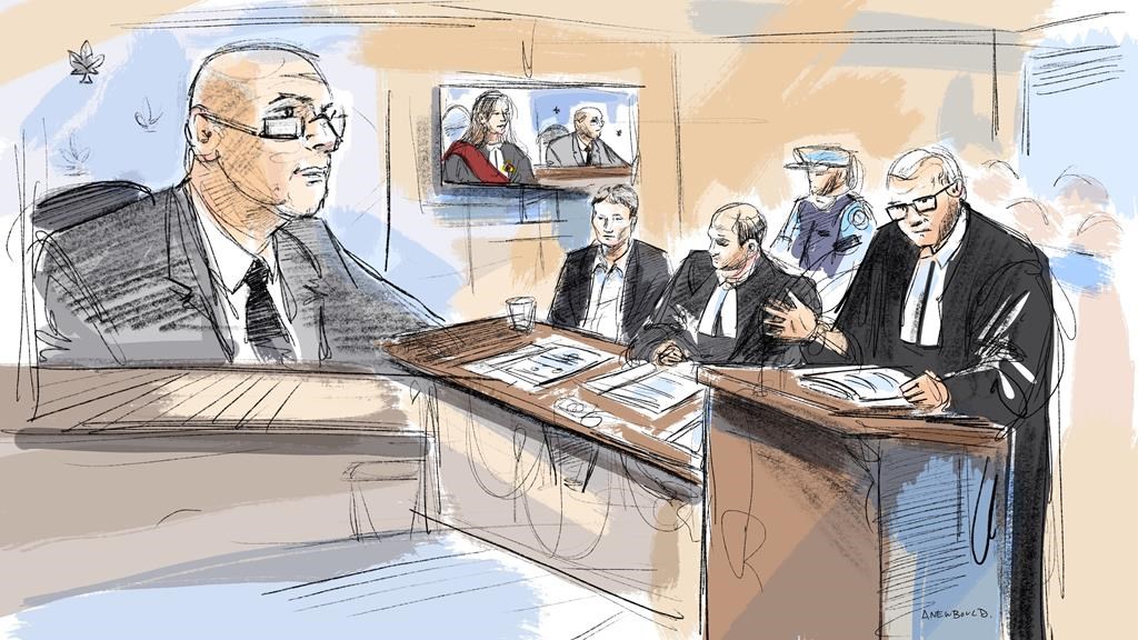 Crown prosecutors are expected to present more evidence today at the Ontario trial of a man accused of killing four members of a Muslim family in an alleged act of terrorism. London police detective Micah Bourdeau, left, is seen speaking on a video monitor as accused Nathaniel Veltman, front centre left, Justice Renee Pomerance (on screen at top centre left), defence lawyers Peter Ketcheson and Christopher Hicks, right, look on in a courtroom sketch, in Windsor, Ont., Tuesday, Sept. 19, 2023. 