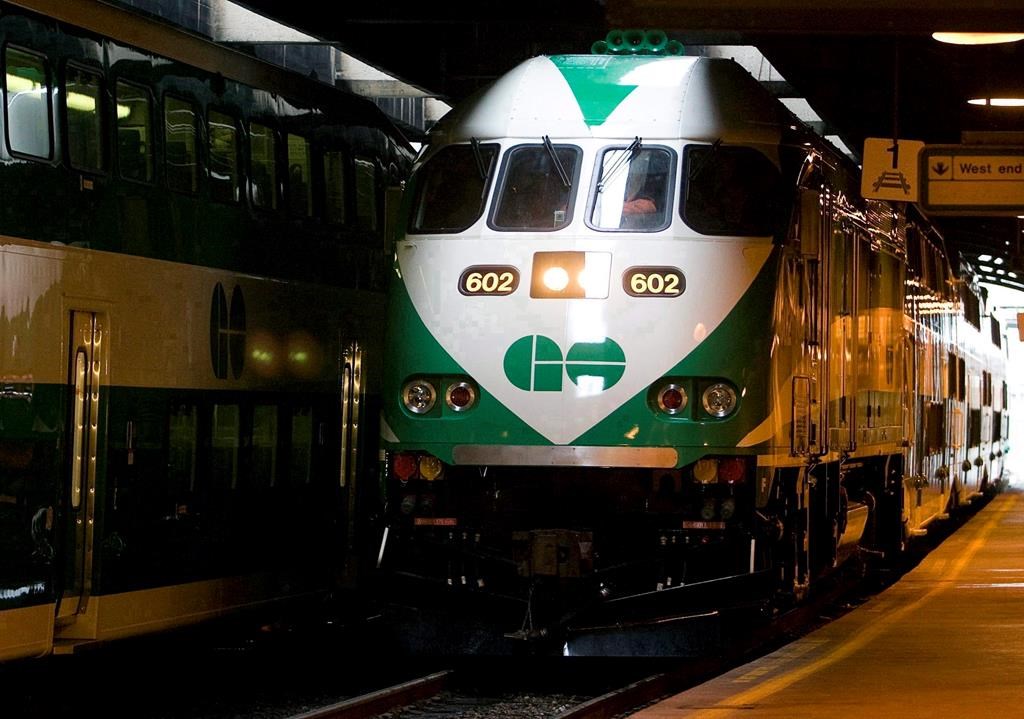 The first GO Transit MP40 locomotive arrives at the platform in Toronto, Tuesday, Jan. 15, 2008.