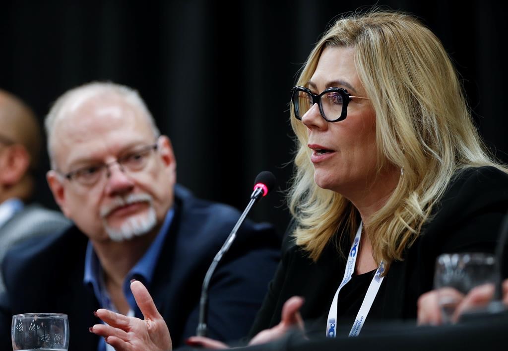 A Manitoba cabinet minister defeated in Tuesday's provincial election says the Progressive Conservative party she has served for years took a hard-right pivot during the election campaign, and now needs to address an identity crisis. Manitoba PC MLA Rochelle Squires speaks at the Progressive Conservative Party's AGM in Winnipeg on Saturday, April 15, 2023. THE CANADIAN PRESS/John Woods.