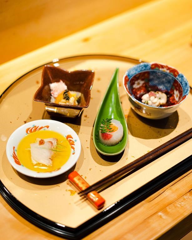 A plate from the Michelin-starred restaurant Okeya Kyujiro is seen in an undated handout photo.