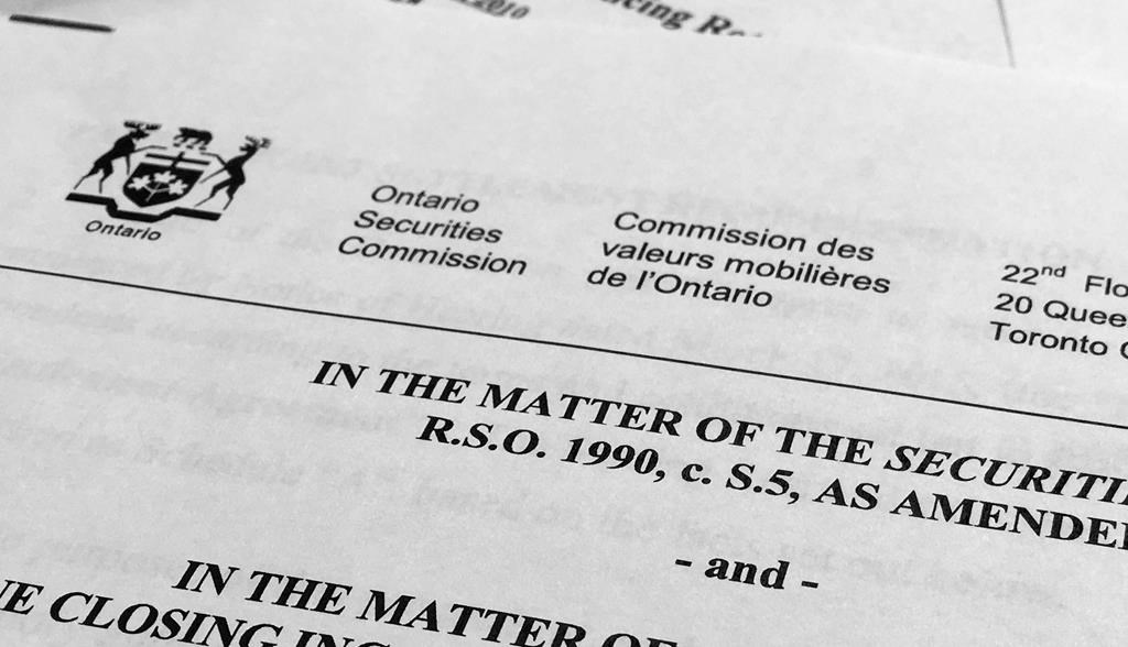 Ontario's securities regulator says it is evaluating the potential role it can play in overseeing and guiding responsible adoption of artificial intelligence to protect investors and the integrity of capital markets. A copy of a settlement agreement from the Ontario Securities Commission is photographed in Washington, Thursday, Nov. 3, 2016. 