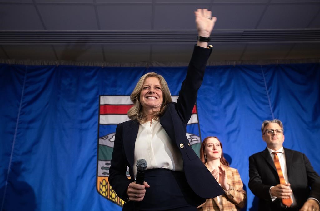 Alberta’s Opposition NDP is moving ahead with townhall consultations next week on the government’s proposal to have the province quit the Canada Pension Plan. Leader of the Alberta NDP Rachel Notley gives her concession speech in the provincial election, in Edmonton, Monday, May 29, 2023.