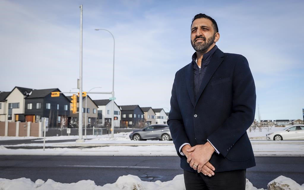 Calgary MP George Chahal says Danielle Smith is making "false," "baseless" and "ludicrous" statements about the federal Liberal government's plans to bring Canada's electricity grid to net-zero. Chahal in the Skyview Ranch community in Calgary, Saturday, Jan. 30, 2021.