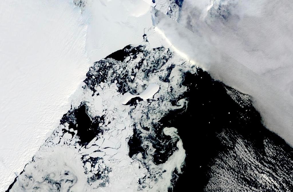 FILE - This satellite image provided by NASA, shows icebergs that formed through an ice shelf collapse. Dozens of Antarctica’s ice shelves, floating extensions of glaciers, showed significant shrinking between 1997 and 2021, a study published Thursday, Oct. 12, 2023, found.