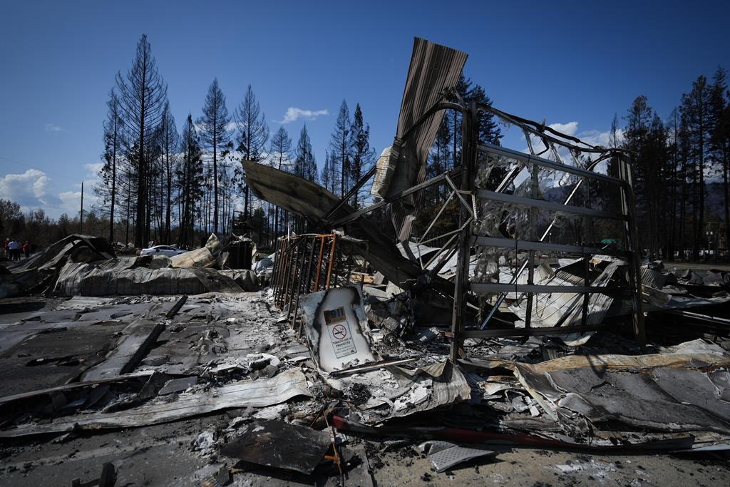 The burned remains of the Scotch Creek-Lee Creek fire department and community hall are seen in Scotch Creek, B.C., on Wednesday, September 6, 2023. British Columbia's forest watchdog has confirmed it is investigating the province's response to wildfires that ripped through small communities on the shores of Shuswap Lake in August, destroying or damaging more than 200 properties.