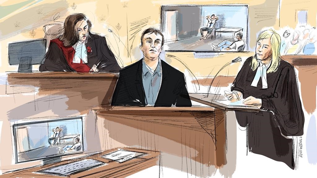 A court sketch showing a white man with short hair testifying in the foreground.