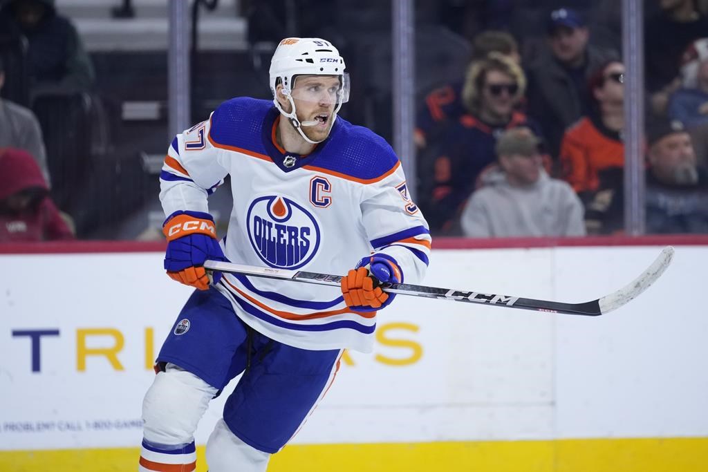 Edmonton Oilers star forward Connor McDavid was expected to be out of the lineup for one to two weeks due to an upper-body injury, the team said Sunday. McDavid plays during an NHL hockey game in Philadelphia, Thursday, Oct. 19, 2023. THE CANADIAN PRESS/AP-Matt Slocum
