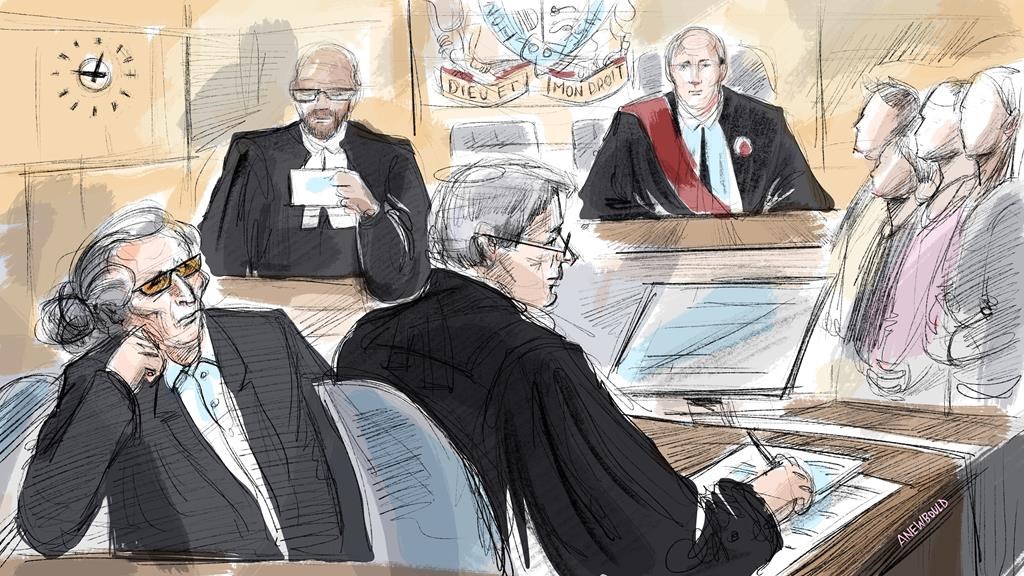 Former Canadian fashion mogul Peter Nygard, the court clerk, Nygard's lawyer Brian Greenspan, Justice Robert Goldstein and jurors attend Nygard's trial in Toronto, Thursday, Sept. 21, 2023. Nygard is testifying in his own defence today at his sexual assault trial in Toronto.THE CANADIAN PRESS/Alexandra Newbould.