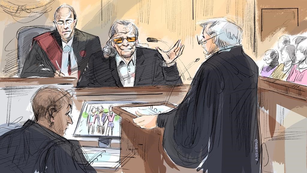 Crown council Neville Golwalla (left to right), Justice Robert Goldstein, Peter Nygard and lawyer Brian Greenspan attend Nygard's sexual assault trial in Toronto on Friday, Oct. 27, 2023. 