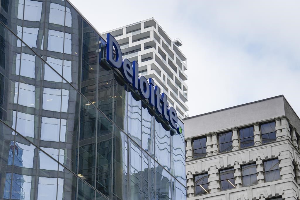 Deloitte signage is pictured in the financial district in Toronto, Friday, Sept. 8, 2023. CPA Ontario says Toronto-based Deloitte LLP has paid $1.59 million in fines and costs for breaching the regulatory body’s code of professional conduct. 