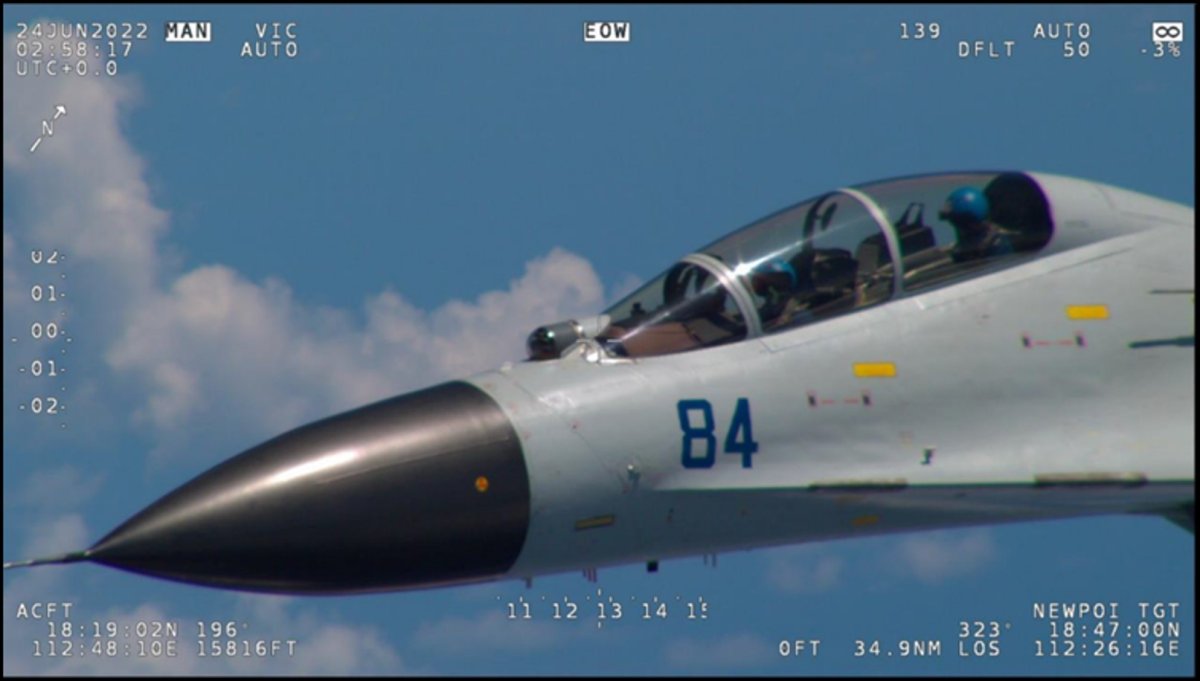 Images and video newly released by the Department capture a PLA fighter jet in the course of conducting a coercive and risky intercept against a lawfully operating U.S. asset in the South China Sea on June 23, 2022, including by approaching a distance of just 40 feet before repeatedly flying above and below the U.S. aircraft and flashing its weapons. After the U.S. operator radioed the PLA fighter jet, the PLA pilot responded using explicit language, including an expletive.