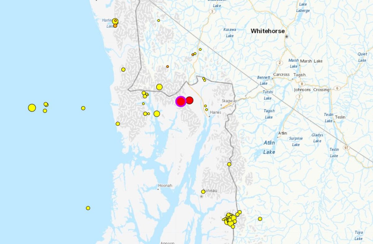A map showing the location of the two earthquakes (in red) along the Alaskan panhandle, near B.C.'s border, on Friday, Oct. 27, 2023. Also shown are locations of smaller earthquakes in yellow.
