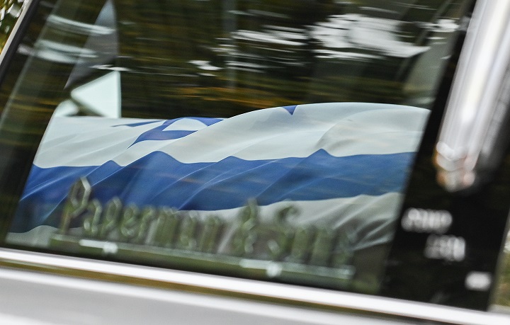 An Israeli flag drapes the casket of Alexandre Lock following his funeral service in Montreal, Thursday, October 26, 2023.