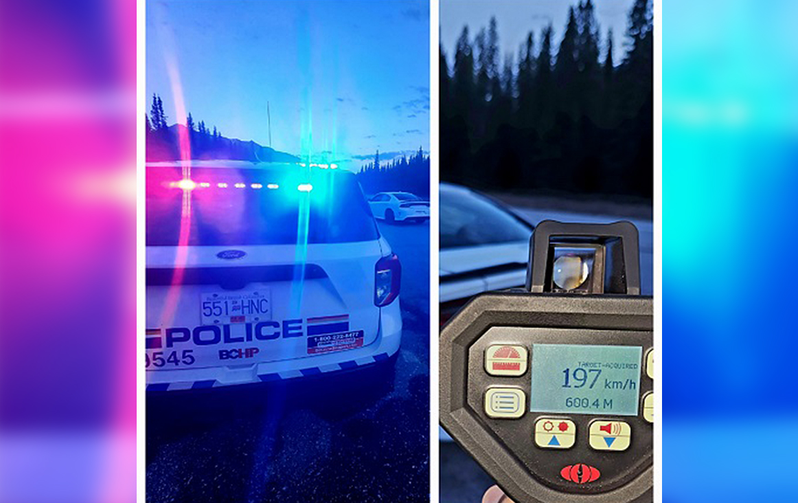 Two photos showing police having pulled over the vehicle and the speed he was caught doing along Highway 93 in Kootenay National Park.