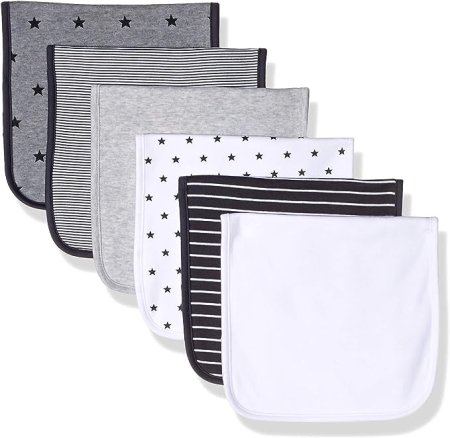 six burp clothes in grey and white patterns