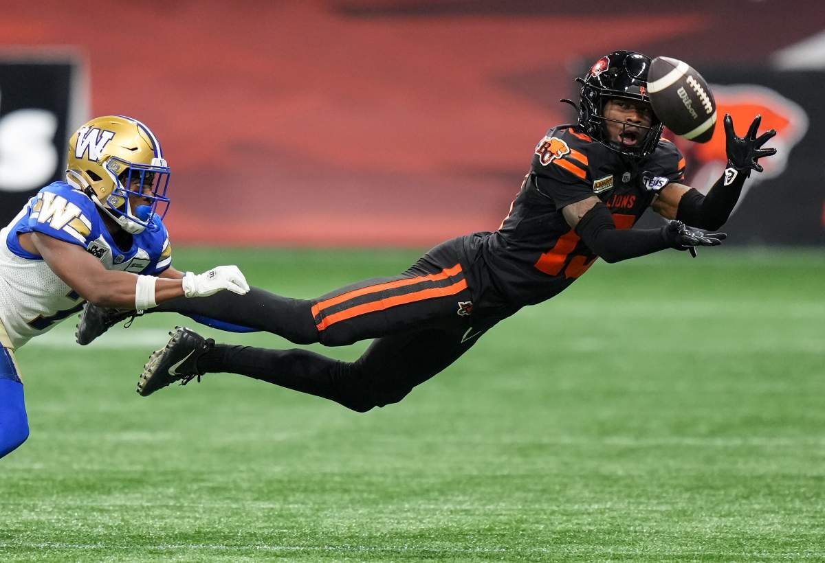 Alexander Hollins of the B.C. Lions, right, makes a diving catch during CFL action in Vancouver.