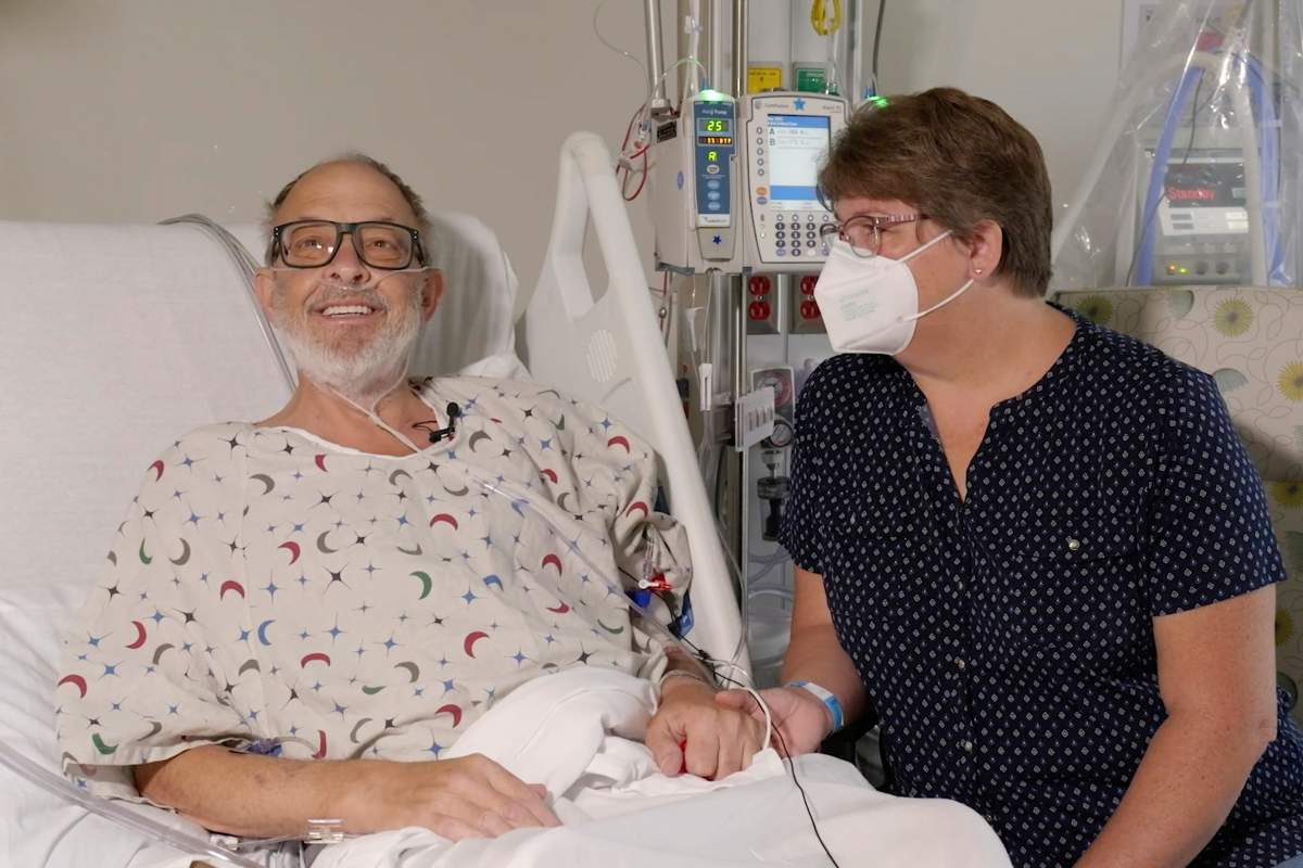 In this photo provided by the University of Maryland School of Medicine, Lawrence Faucette sits with wife, Ann, in the school's hospital in Baltimore, Md., in September 2023, before receiving a pig heart transplant. Two days after the transplant, Lawrence was cracking jokes and able to sit in a chair, doctors said Friday, Sept. 22, 2023.