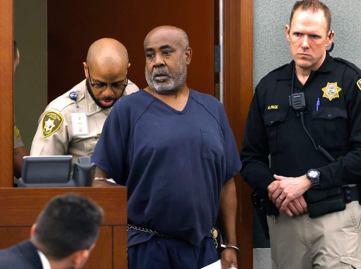 Duane "Keefe D" Davis is led into the courtroom at the Regional Justice Center on Wednesday, Oct. 4, 2023, in Las Vegas. Davis has been charged in the 1996 fatal drive-by shooting of rapper Tupac Shakur.