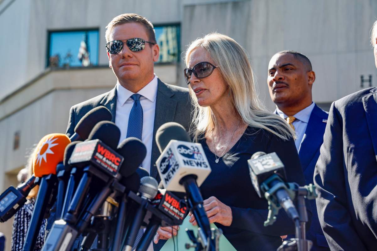 Beth Holloway speaks to media after the appearance of Joran van den Sloot outside the Hugo L. Black Federal Courthouse Wednesday, Oct. 18, 2023, in Birmingham, Ala.