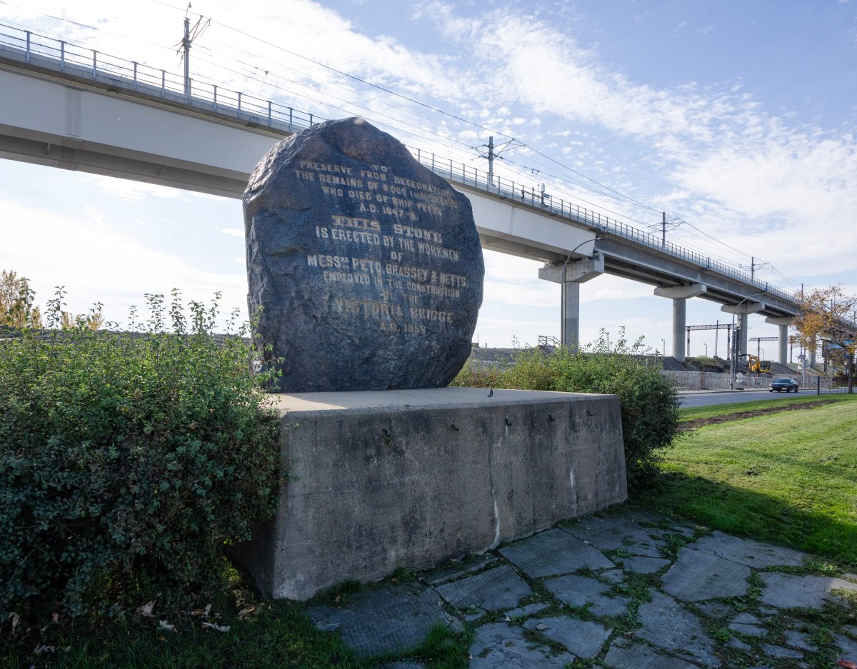 The Irish Commemorative Stone, known as The Black Rock  is seen Friday, October 20, 2023  in Montreal. The monument commemorates the deaths from typhoid of 6,000 mostly Irish immigrants to Canada in 1847-48.THE CANADIAN PRESS/Ryan Remiorz.