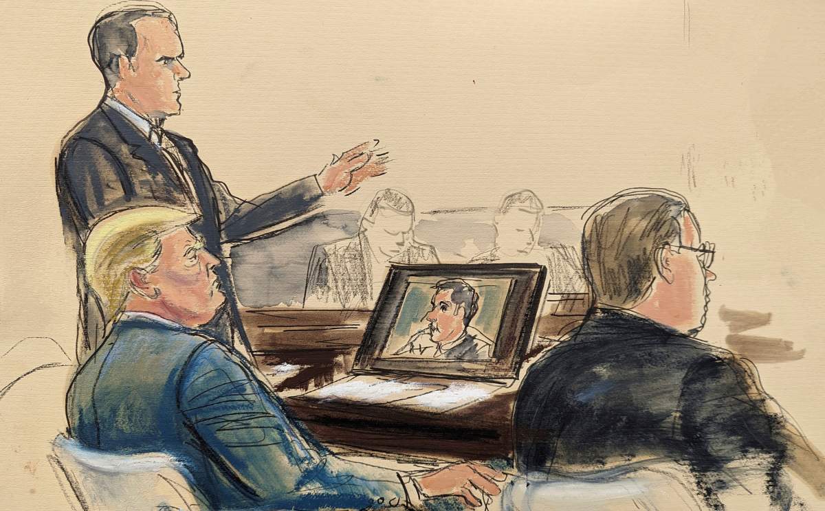 In this courtroom sketch, former President Donald Trump, foreground left, is seated at defense table during the cross examination of Michael Cohen, as a video of Cohen is displayed on the screen, while Donald Trump’s attorney Christopher Kise, left, stands to respond to an objection during Trump’s civil business fraud trial, Wednesday, Oct. 25, 2023, at New York Supreme Court in New York. (Elizabeth Williams via AP)