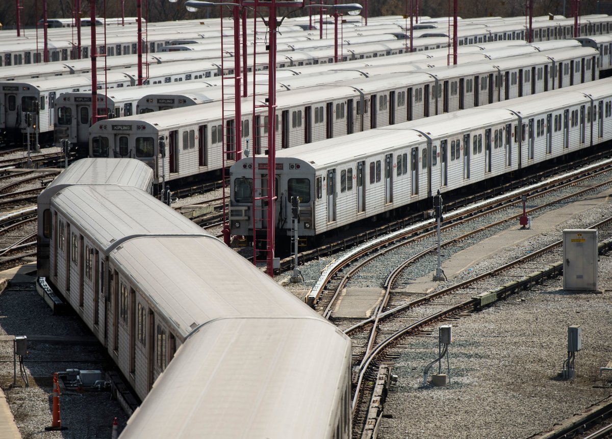 Subway trains line up in a TTC yard in Toronto on Thursday, April 23, 2020. TTC officials have said that they will lay off 1,200 workers temporarily due to the COVID-19 pandemic.