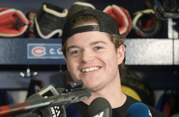 Montreal Canadiens player Cole Caufield speaks to reporters during an end of season media availability in Brossard, Que., Friday, April 14, 2023.