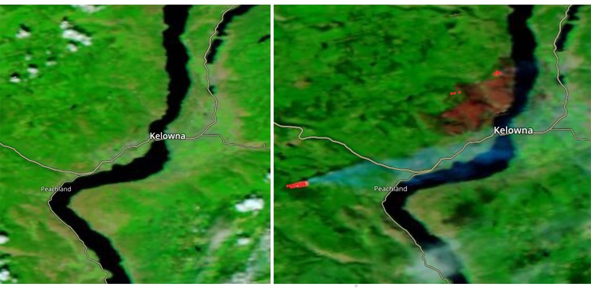Satellite photos showing the Central Okanagan on July 30, 2023, then on Sept. 20, 2023.