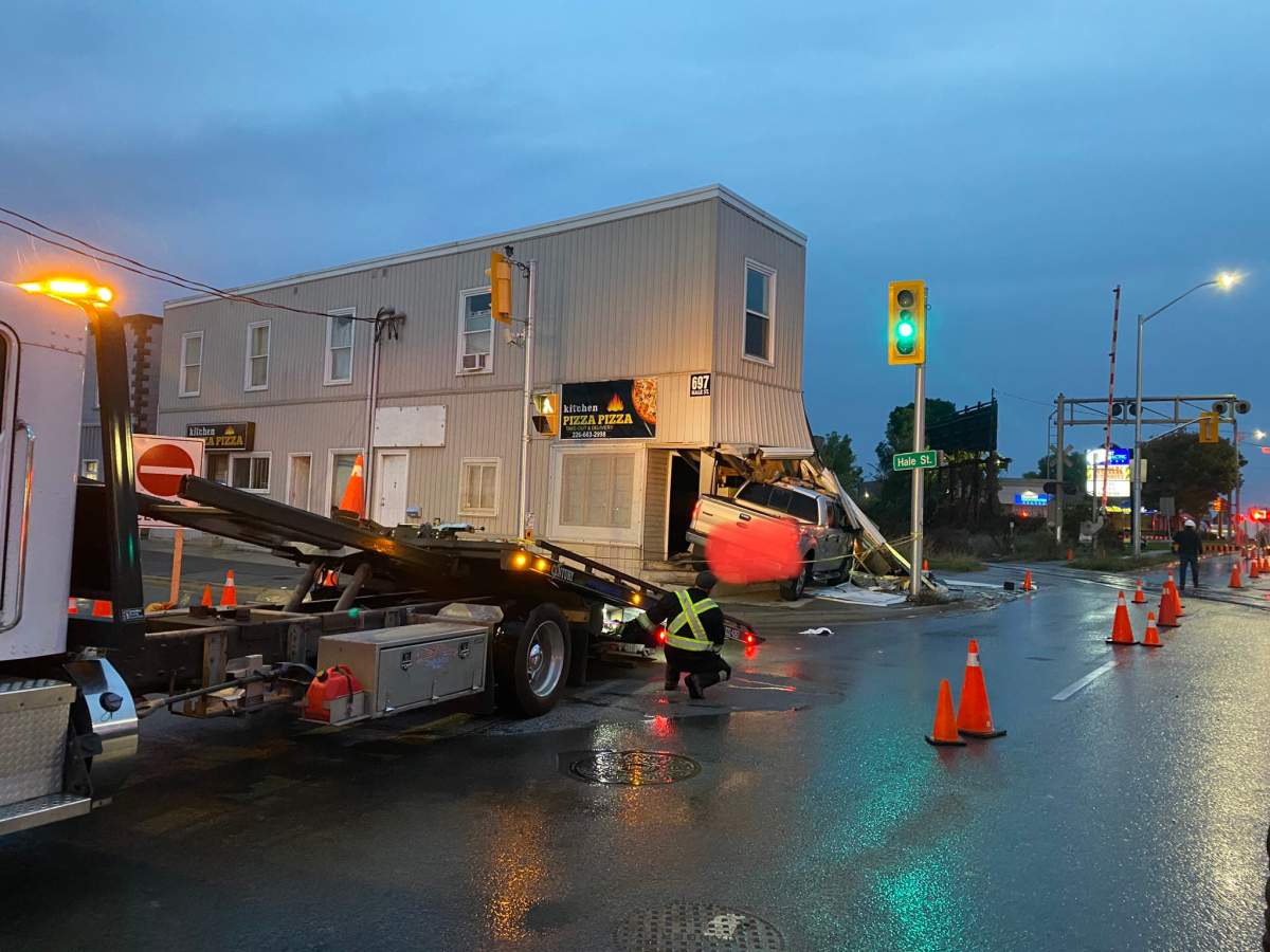 A vehicle that crashed into a building at the corner of Dundas and Hale streets Thursday afternoon has been removed.