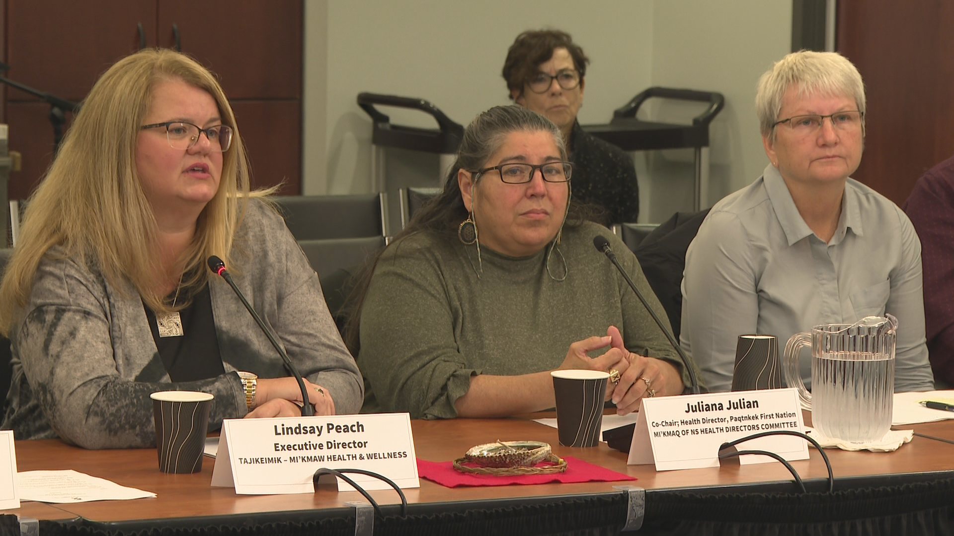 Executive Director of Tajikeimɨk, Lindsay Peach (left), and Mi’kmaq of Nova Scotia Health Directors Committee co-chair Juliana Julian (center) tell a health committee there are gaps in care for First Nations communities.