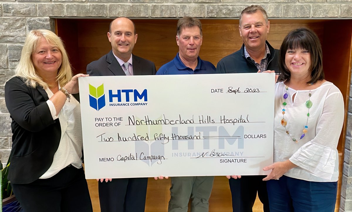 HTM Insurance Company has pledged $250,000 in support of the Northumberland Hills Hospital Foundation. Taking part in the presentation were, from left, Nancy Brown, chairperson of HTM board of directors; Alec Harmer, HTM president/CEO; David Rutherford, HTM past chairman; Hank Vandermeer, 'Exceptional Community, Exceptional Care Campaign' chairperson and Rhonda Cunningham, foundation CEO.