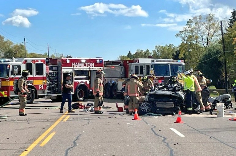 OPP and fire crews at the scene of a crash on Highway 6 in Hamilton, Ont. Oct. 12, 2023. 
