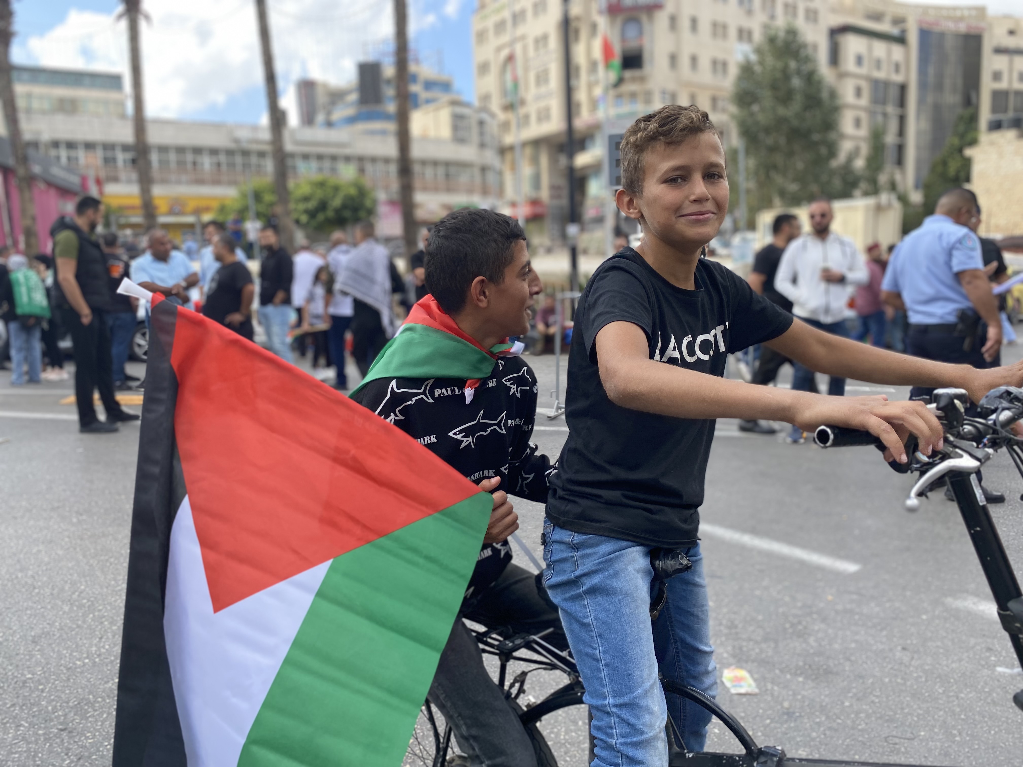 Boys at a protest for Gaza, in Ramallah, West Bank, Oct. 20, 2023.