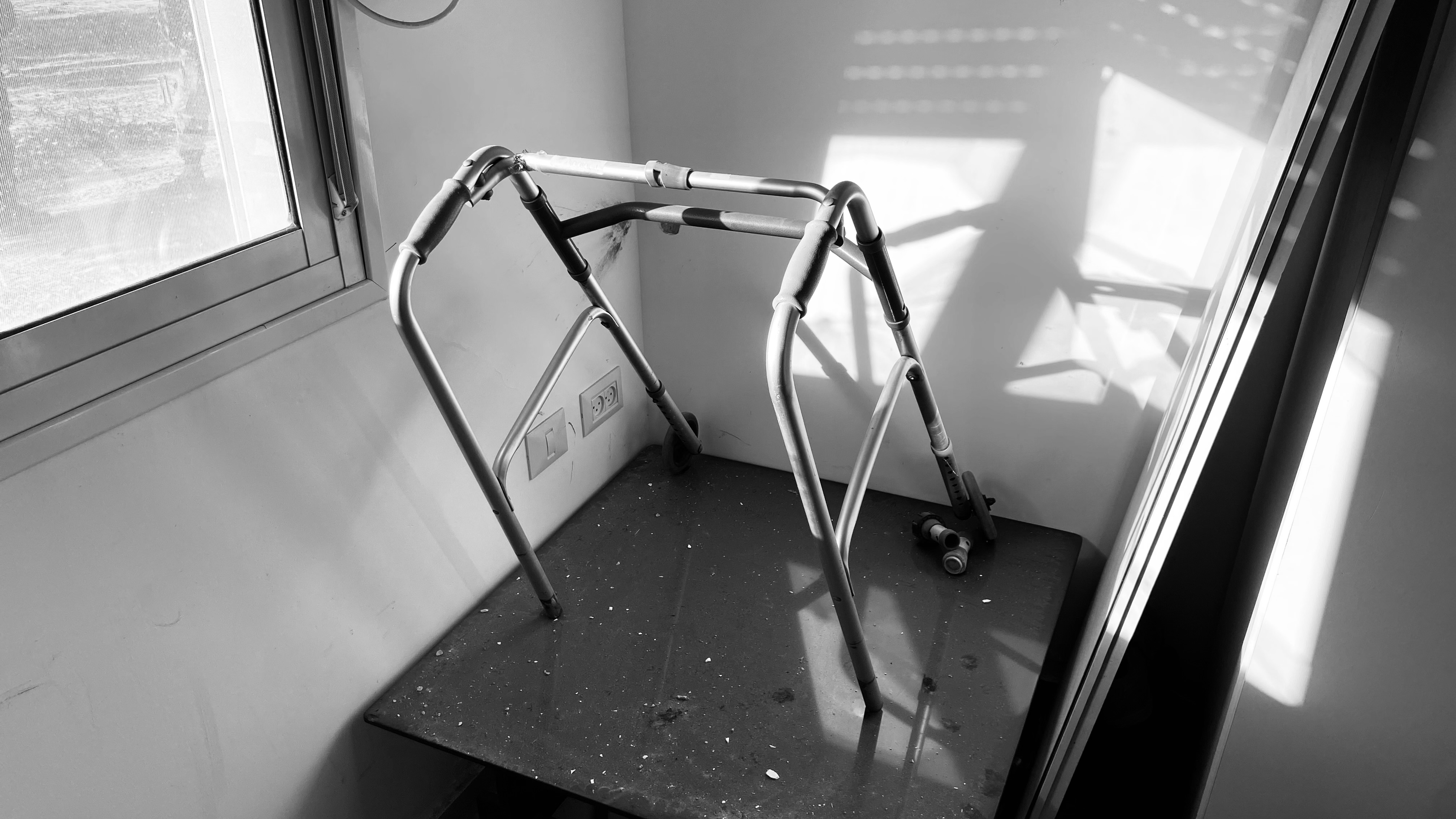 A walker in the home of Holocaust survivor Moshe Ridler, following the Oct. 7 Hamas attack on Holit, Israel.