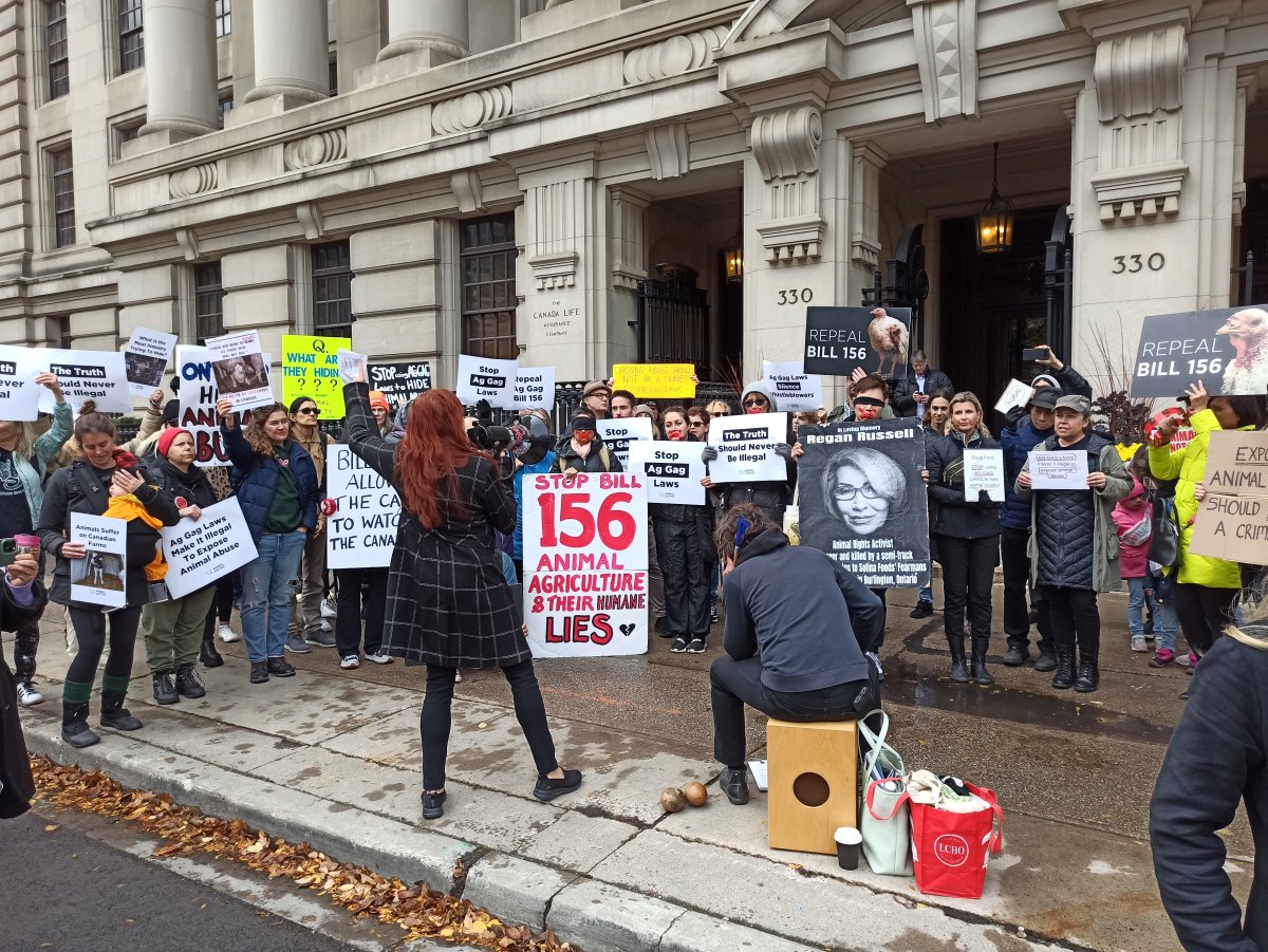 Animal justice supporters rallied out front of University Avenue court in Toronto, Ont on Oct. 30, 2023.
