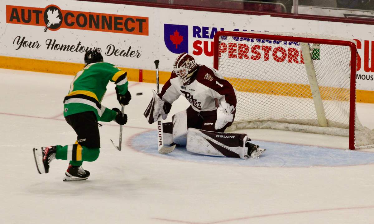 Easton Cowan of the London Knights gets a chance on Peterborough Petes goalie Liam Sztuska.