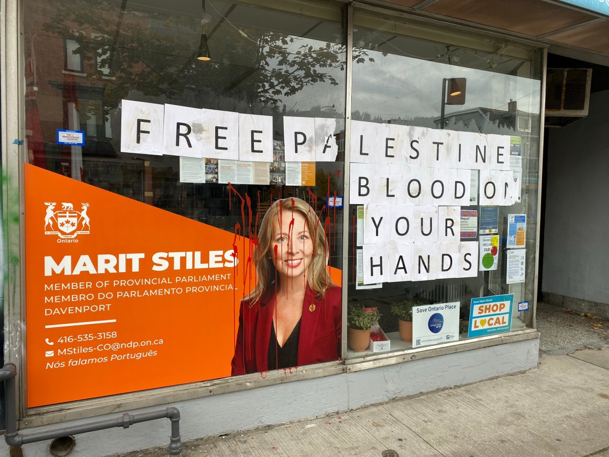 The window of Marit Stiles' office was vandalized with lettering referencing the Israel-Hamas conflict in the Middle East.