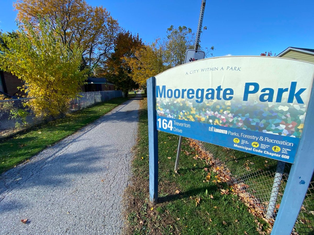 A sign at the entrance to Mooregate Park in Toronto.
