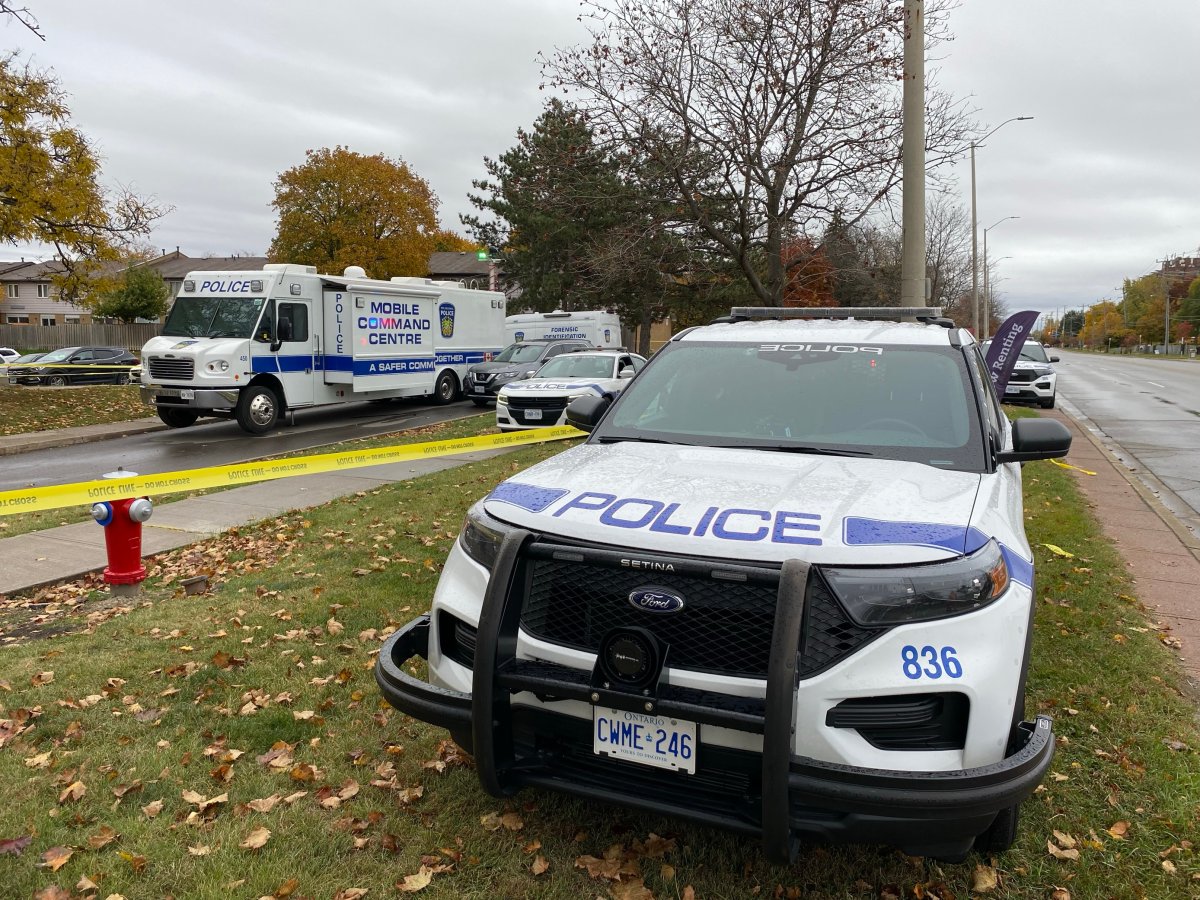Police on the scene of a shooting reported in Mississauga on Oct. 29, 2023.