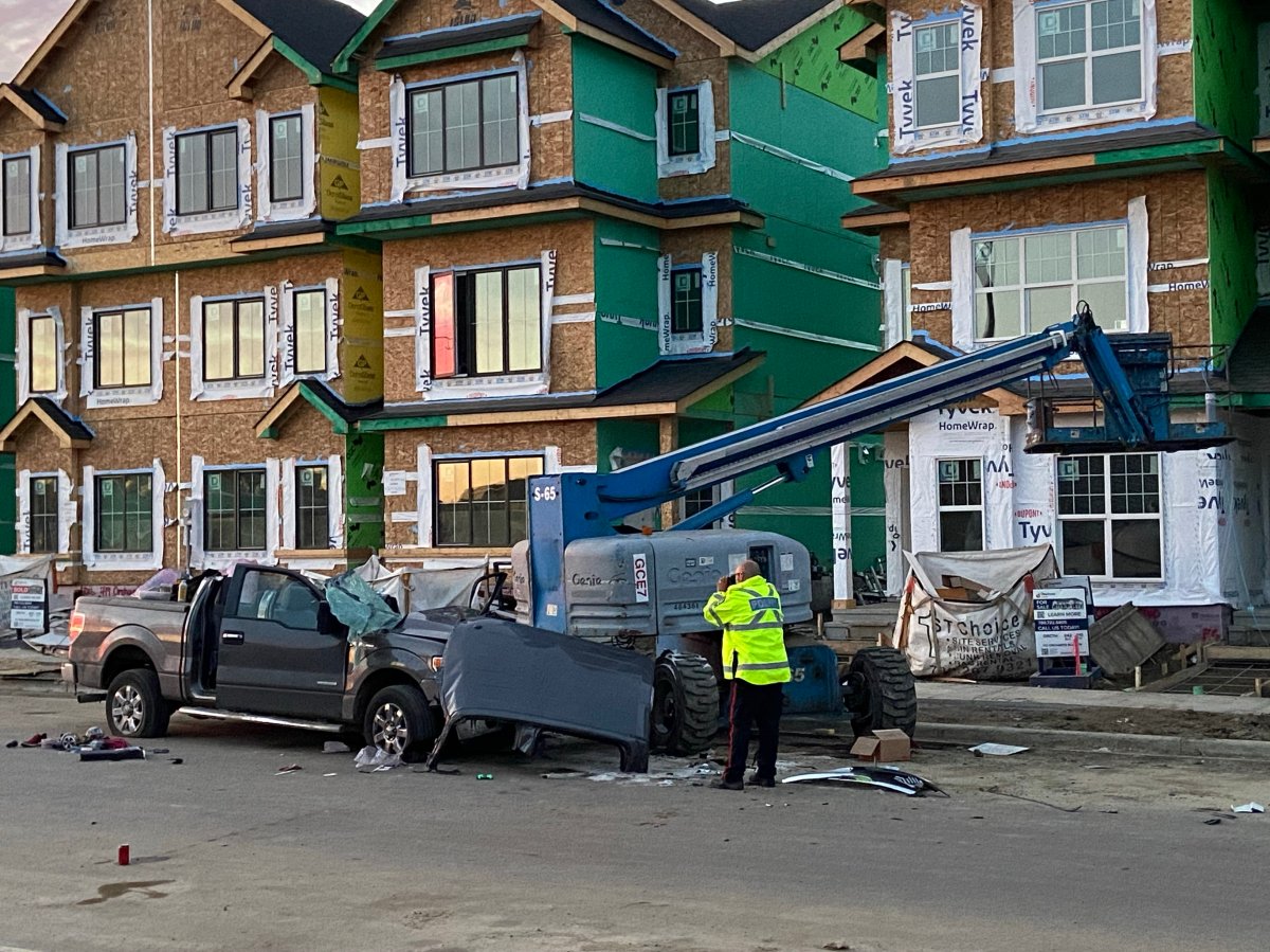 On Friday morning around 5:57 a.m. Ford truck hit a piece of construction equipment on Ochards Boulevard and Hawthorn Way and one person was transported to hospital, said Edmonton fire. 