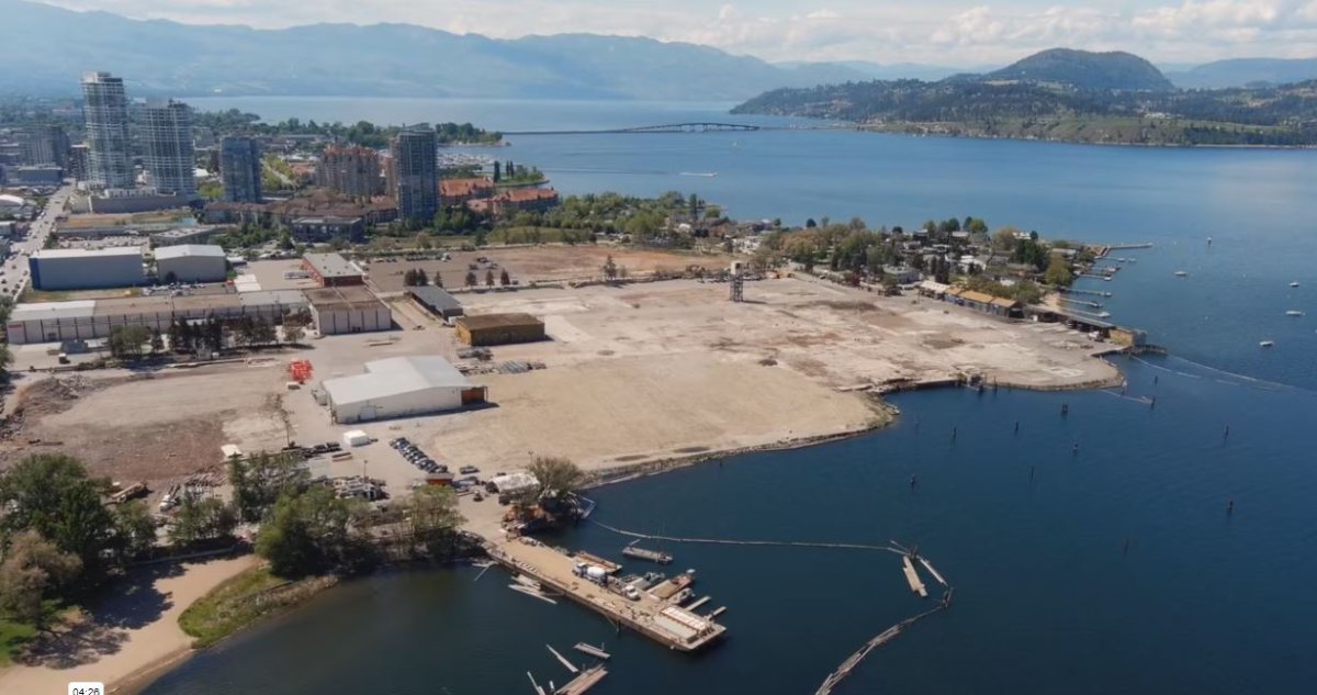 A drone view of the former waterfront mill site in Kelowna’s North End neighbourhood.