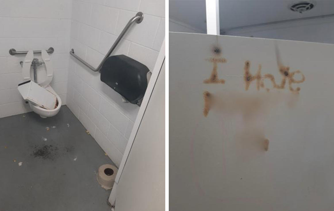 A collage showing some of the vandalism at the washroom facilities at Kenyon Park in Okanagan Falls.